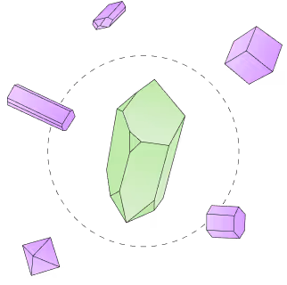 Illustration of floating green and purple geometric crystals on a transparent background.