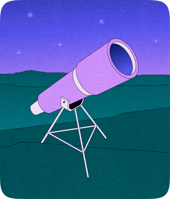Illustration of a purple telescope on a tripod set against a starry twilight sky and green hills.