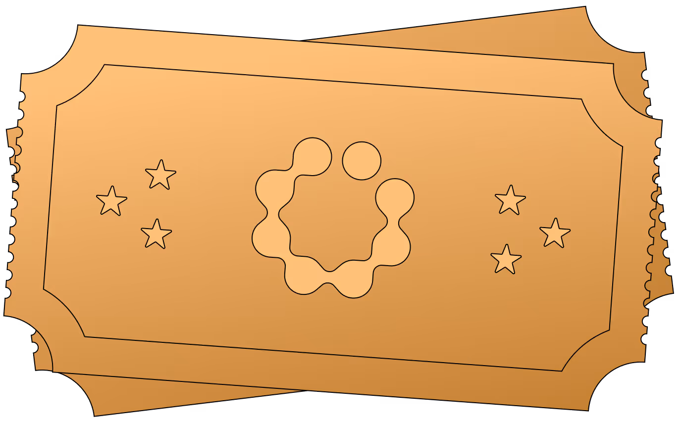 Two overlapping golden raffle tickets with star decorations and an abstract circular logo in the center.