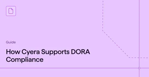 Purple background with text 'Guide How Cyera Supports DORA Compliance' and a document icon in the top left corner.