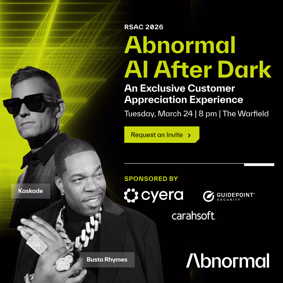 Promotional graphic for RSAC 2026 Abnormal AI After Dark event featuring black-and-white photos of Kaskade and Busta Rhymes with event details and sponsor logos.