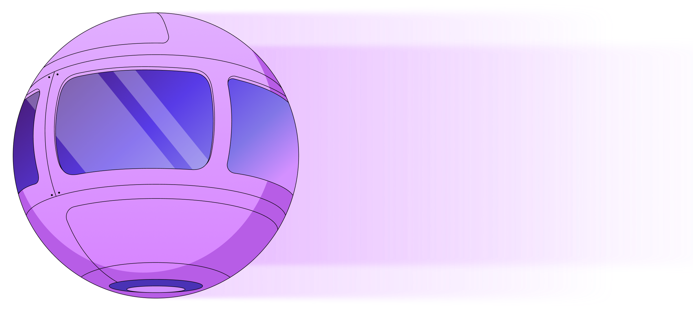 Purple spherical drone with large tinted windows and a circular bottom opening emitting a purple trail.