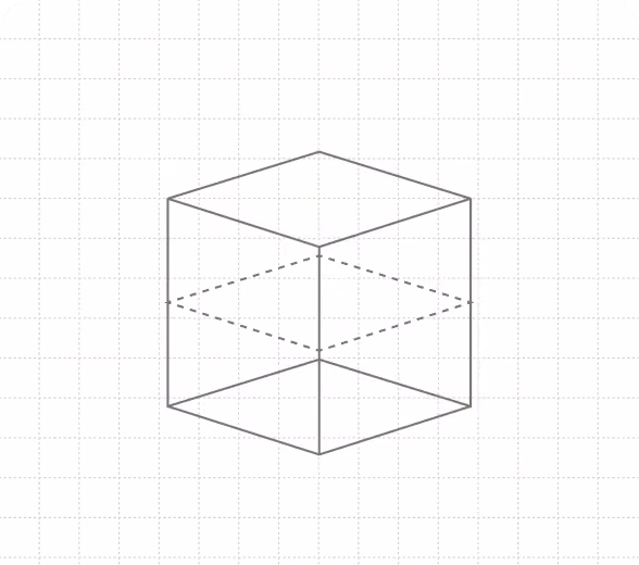 Line drawing of a transparent cube with dashed lines indicating the hidden edges inside the cube on a faint grid background.