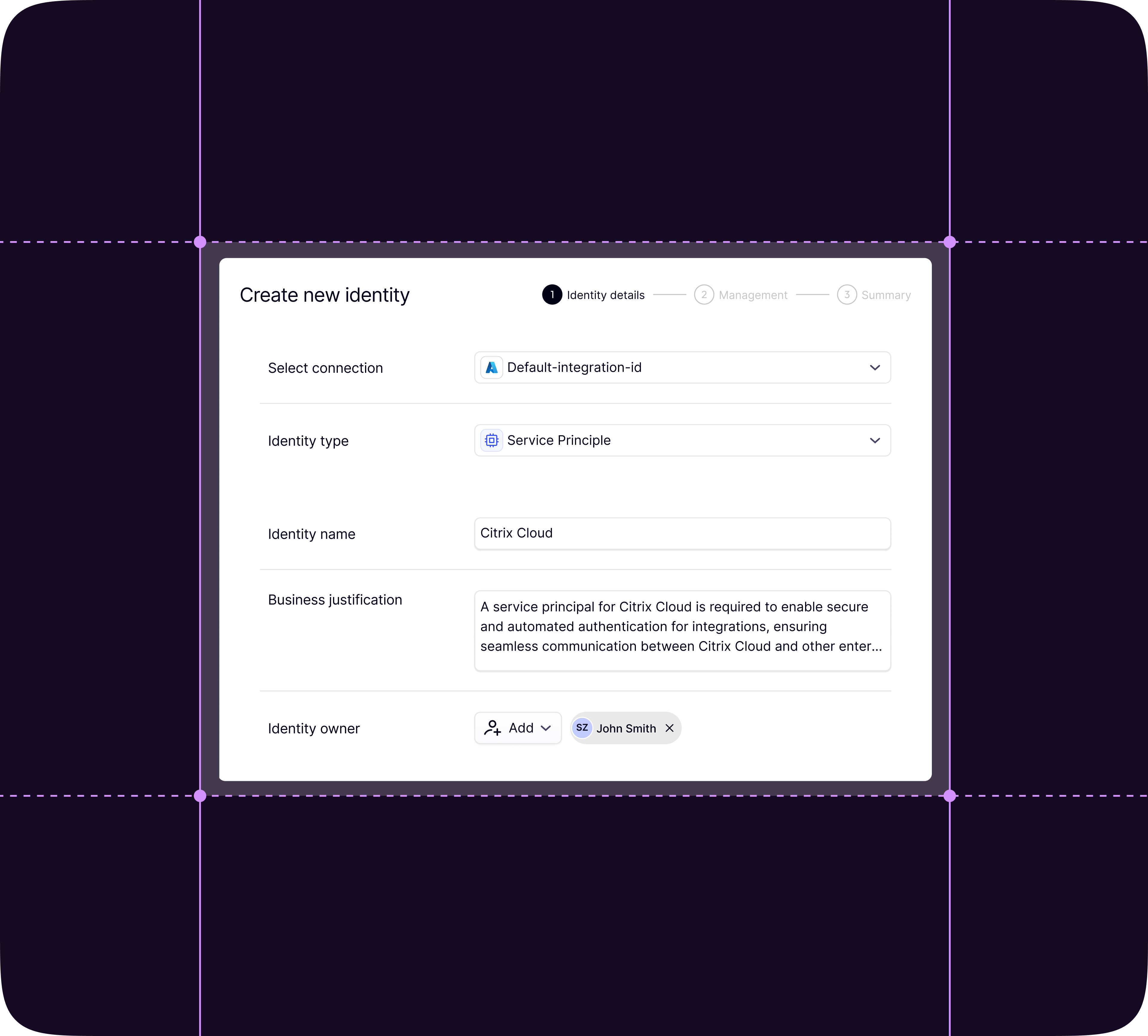 User interface screen for creating a new identity showing step one 'Identity details' selected with dropdowns for selecting connection set to Default-integration-id and identity type set to Service Principle. Fields include Identity name with 'Citrix Cloud' filled in, Business justification with text about enabling secure automated authentication for integrations, and Identity owner showing John Smith with an option to add more owners.
