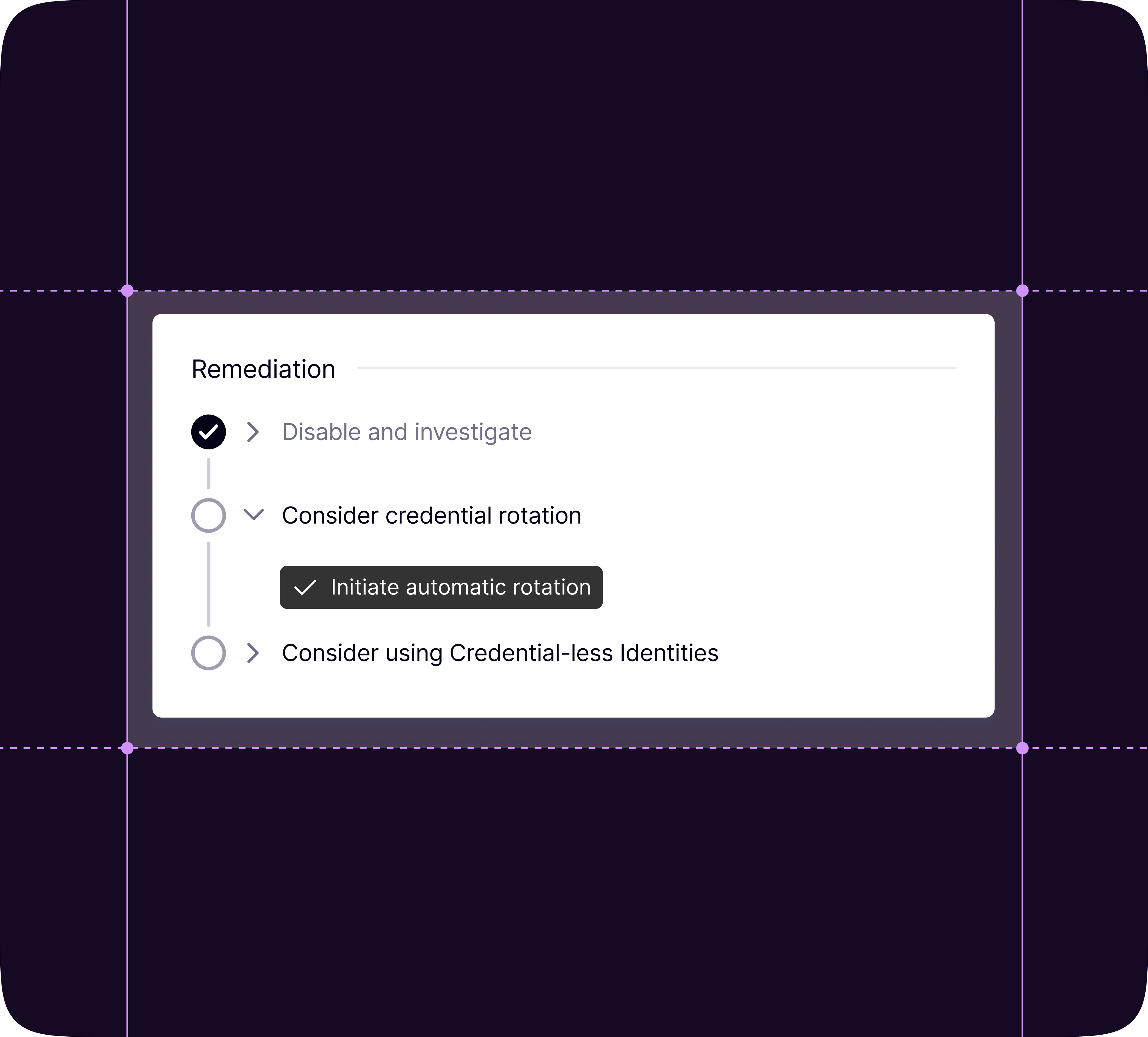 User interface panel titled 'Remediation' listing three remediation steps with progress indicators: first step 'Disable and investigate' is checked, second step 'Consider credential rotation' is expanded with a checked option 'Initiate automatic rotation', third step 'Consider using Credential-less Identities' is collapsed and unchecked.