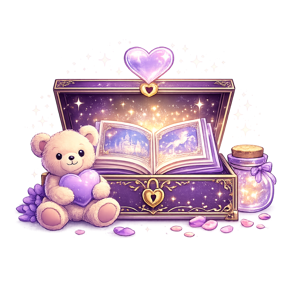 Illustration of a teddy bear holding a purple heart, sitting next to an open magical chest with a glowing book and a jar filled with sparkling light.