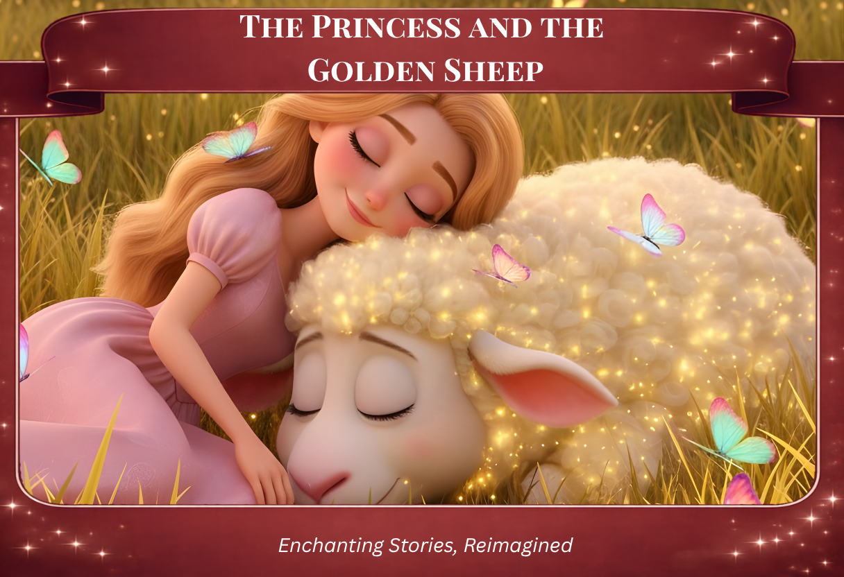Animated princess in a pink dress resting her head affectionately on a glowing golden sheep surrounded by butterflies in a grassy field.