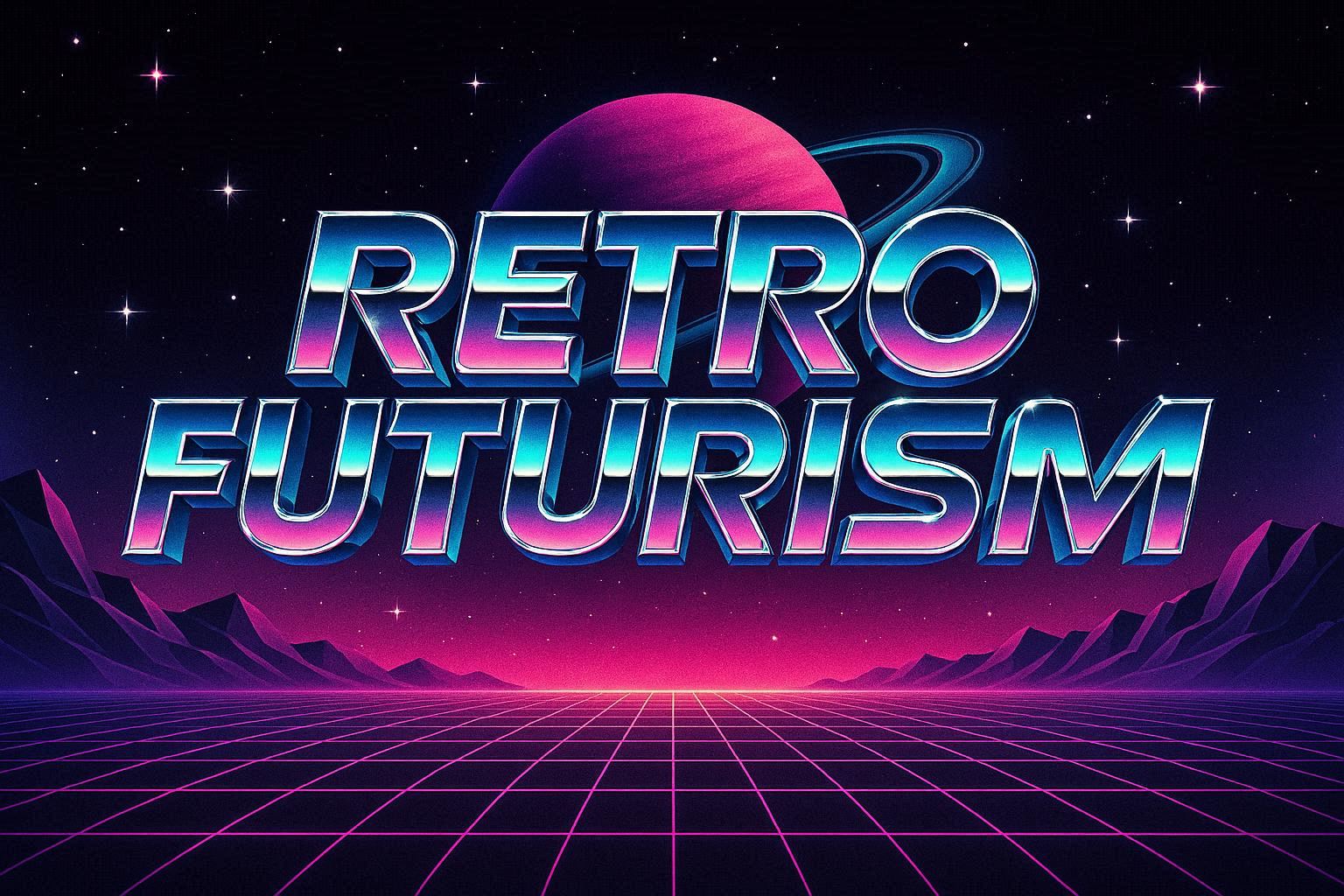 Retro Futurism and Nostalgic Innovation - chrome effects, neon colors, sci-fi typography