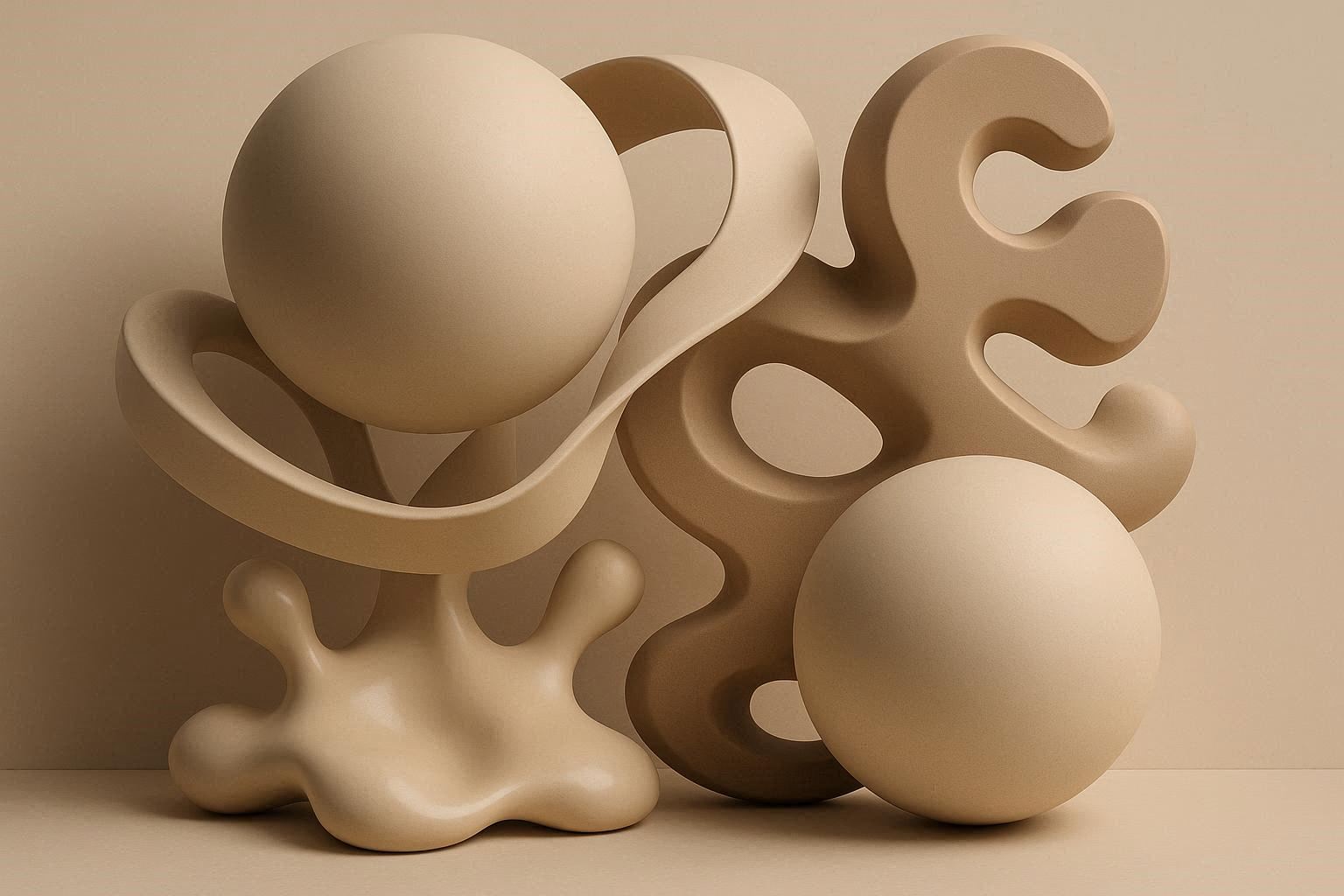 Sculptural 3D Elements - oversized spheres, ribbons, liquid shapes, abstract forms
