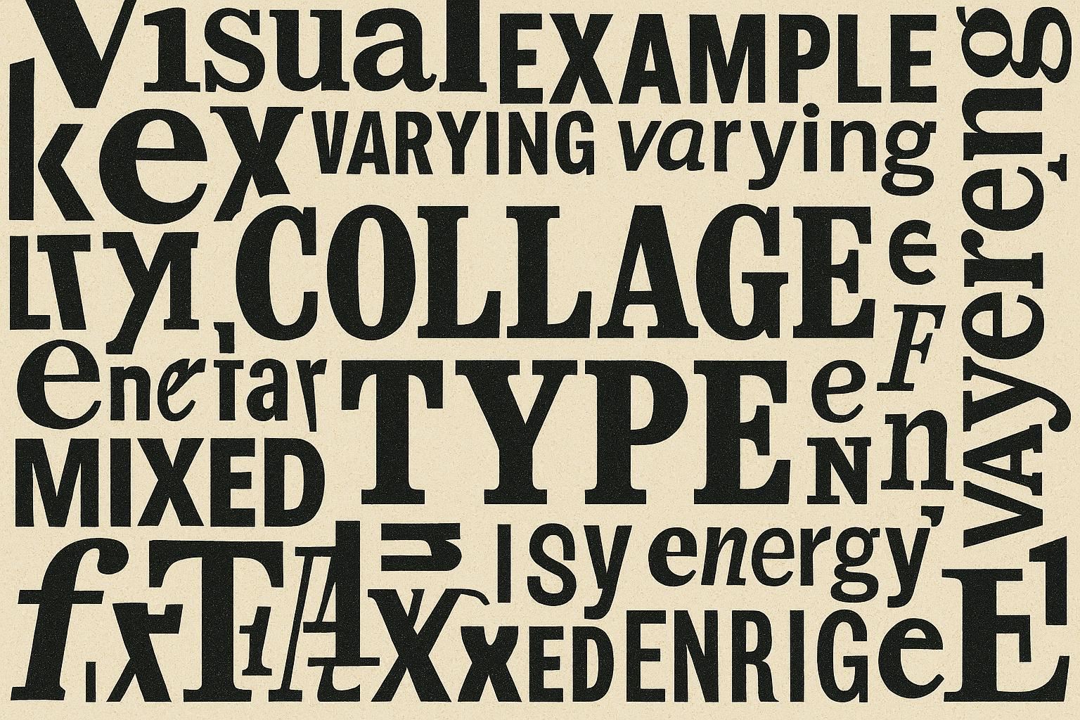 Type Collage and Expressive Typography - mixed fonts, varying sizes, layered typography