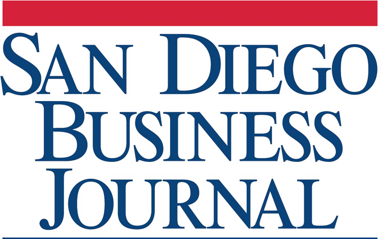 Logo with text 'San Diego Business Journal' in blue serif font, with a red bar above and a blue line below the text.