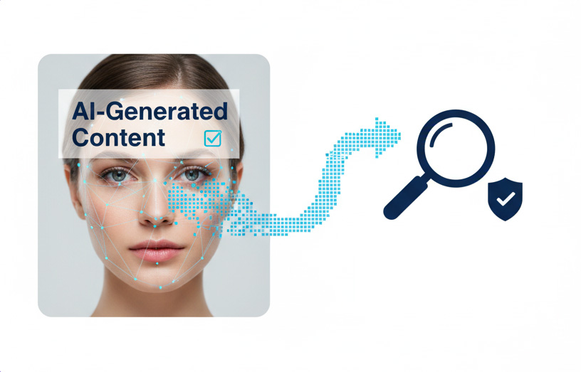 A woman's face with an "AI-generated" label, and a digital arrow pointing to icons of a magnifying glass and a compliance shield