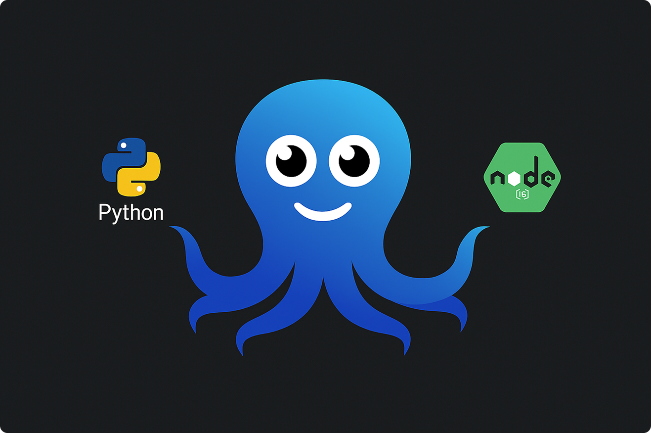 Blue cartoon octopus with big eyes smiling between Python and Node.js logos on a black background.