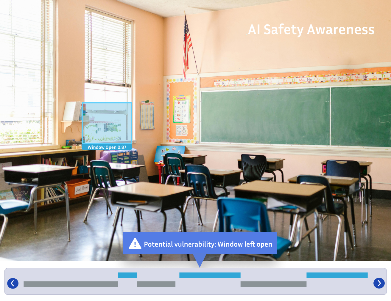 Empty classroom with rows of desks, an American flag, a chalkboard, and a window left open with a warning for potential vulnerability.