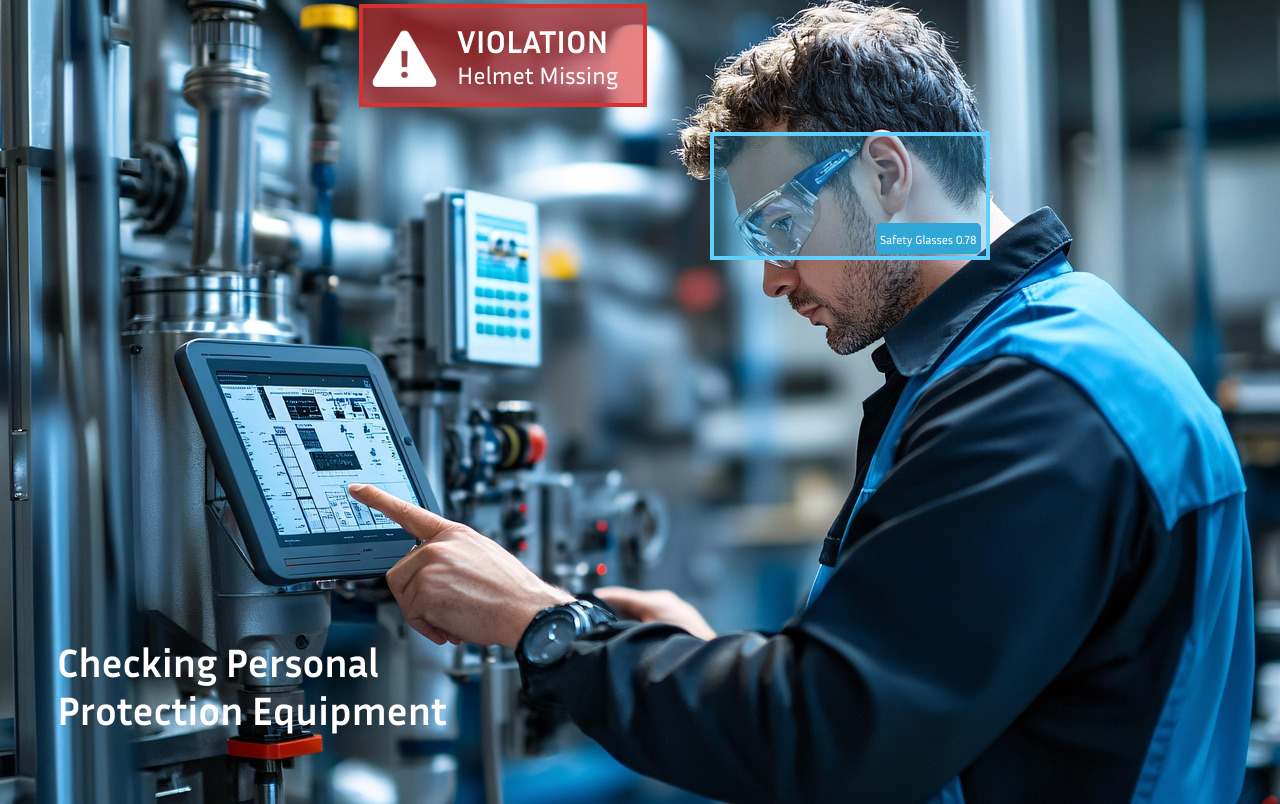 Worker wearing safety glasses but no helmet, pointing at a control panel in an industrial setting, with a violation warning for missing helmet and text checking personal protection equipment.