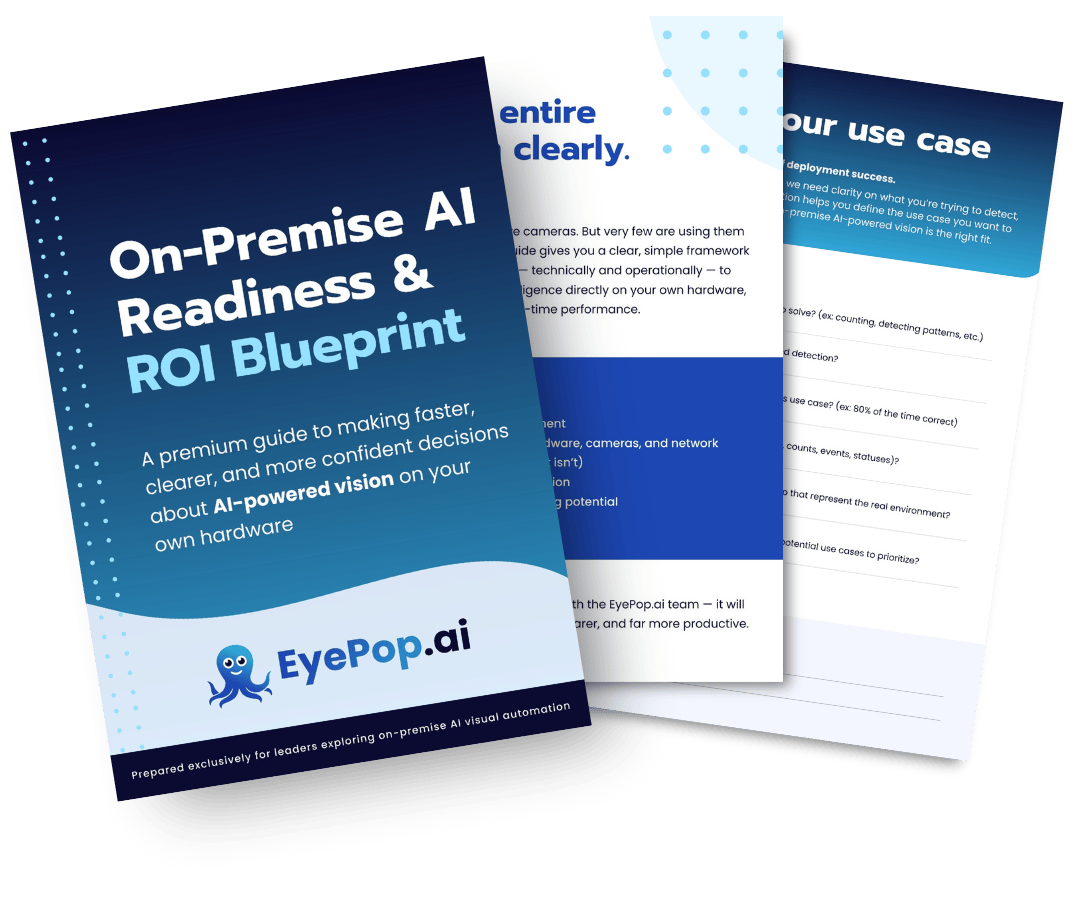 Cover of a guide titled 'On-Premise AI Readiness & ROI Blueprint' by EyePop.ai.
