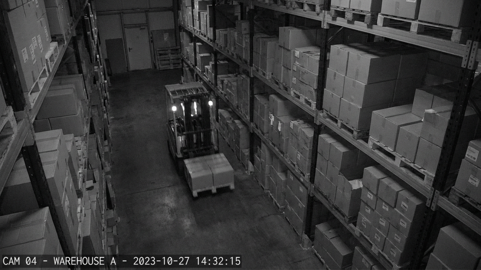 Black-and-white security camera view of a warehouse aisle with a forklift carrying a pallet among shelves stacked with boxes.