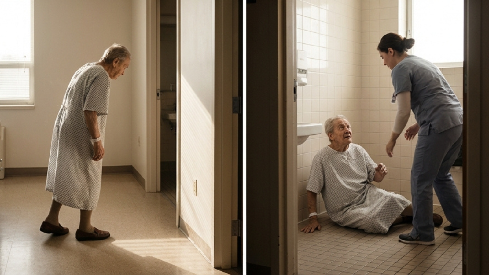 Elderly person in hospital gown struggling to walk in a hallway, then sitting on bathroom floor with a nurse offering help.