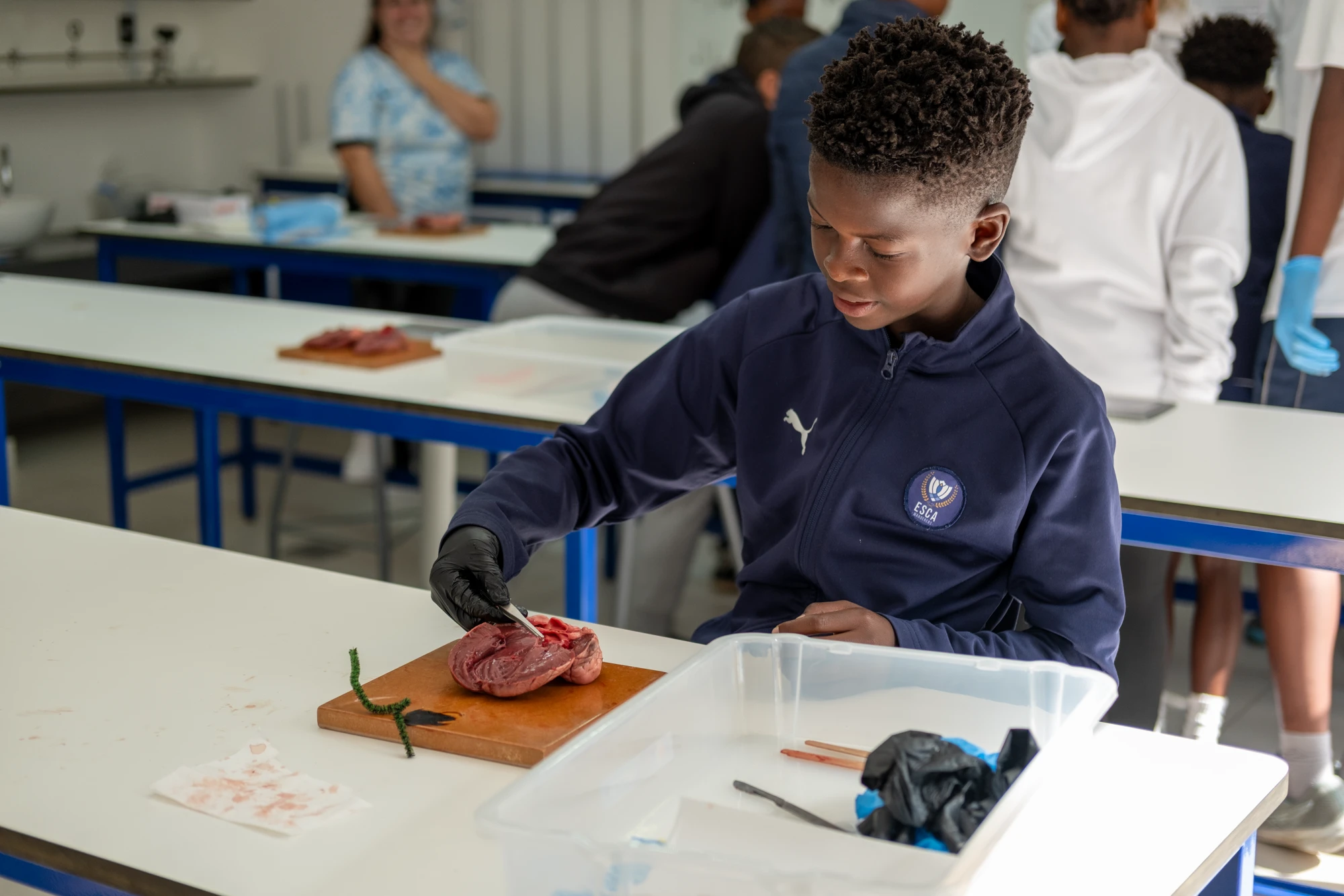 Esca Boy Cutting Meat In Classroom