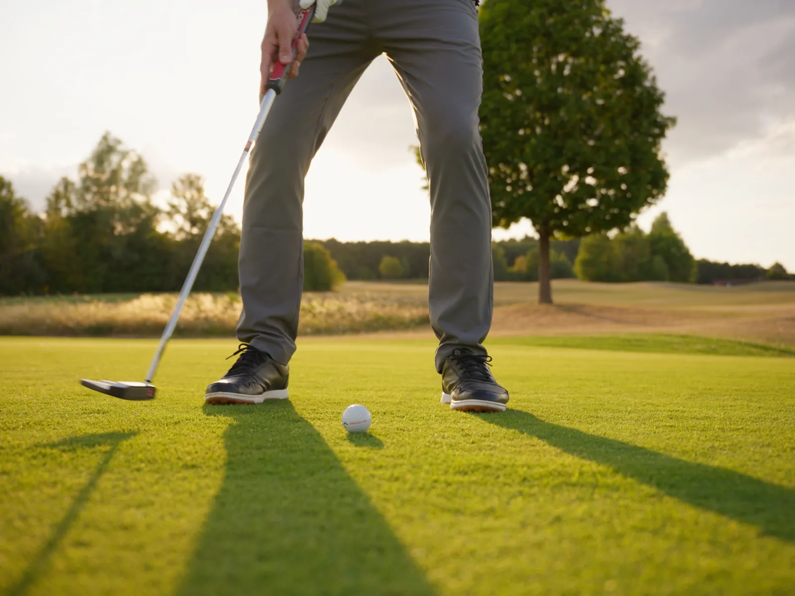 Putter und Golfball auf dem Grün im Gegenlicht