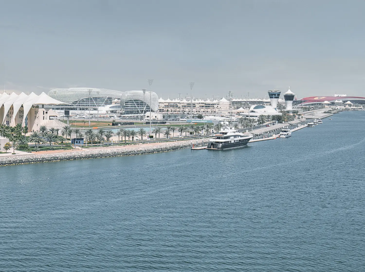 Panoramic view of Yas Island in Abu Dhabi with Yas Viceroy Hotel and Ferrari World building