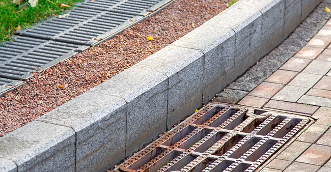 Straßenrand mit grauem Steinbordstein, rotem Kiesstreifen und Metall-Abflussgitter auf Gehwegplatten.