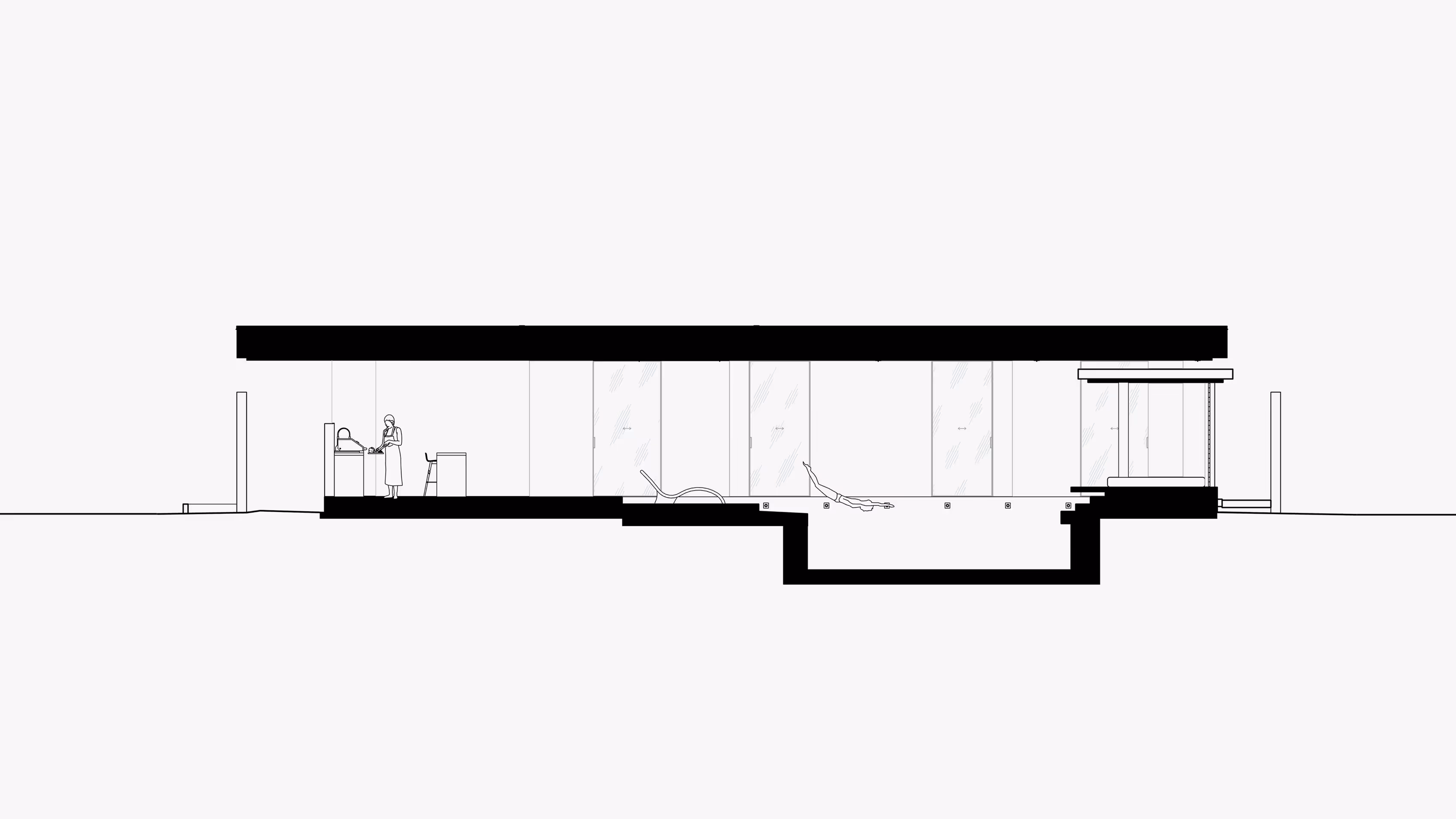 Cross-section drawing of a modern house featuring a kitchen with a person, a lounge chair, a swimming pool with a swimmer, and a bedroom area.
