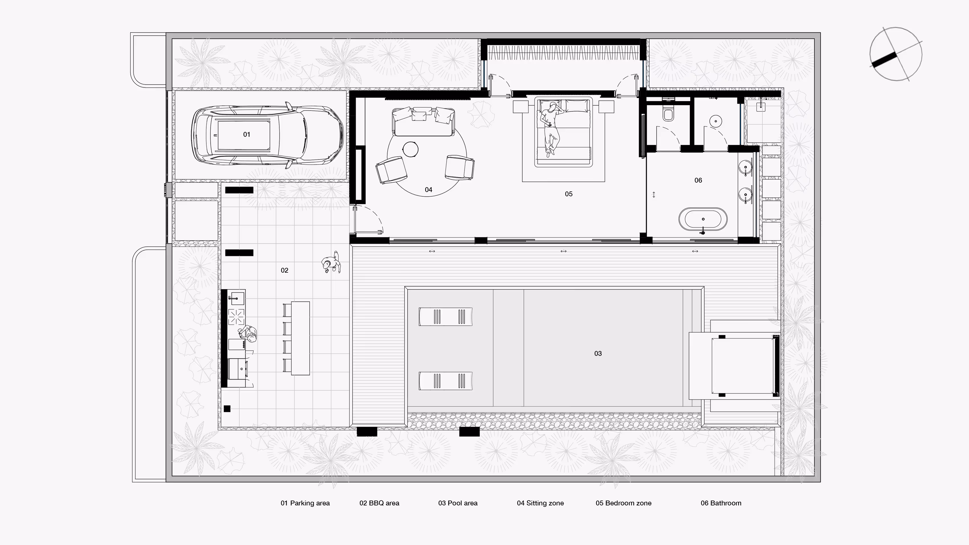 Architectural floor plan showing a parking area with a car, a BBQ area with a dining table, a pool area with lounge chairs, a sitting zone with chairs and a sofa, a bedroom with a person lying on the bed, and a bathroom with a bathtub, sinks, toilet, and shower.