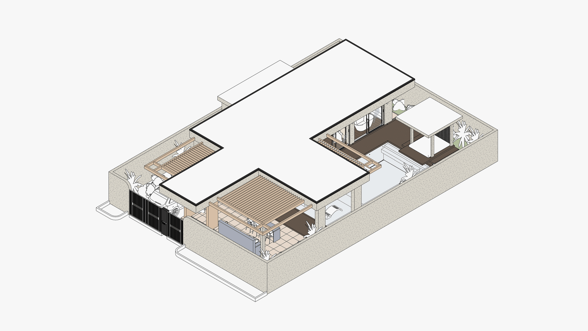 Isometric architectural diagram of a single-story house with outdoor patios, wooden pergolas, swimming pool, and surrounding garden walls.
