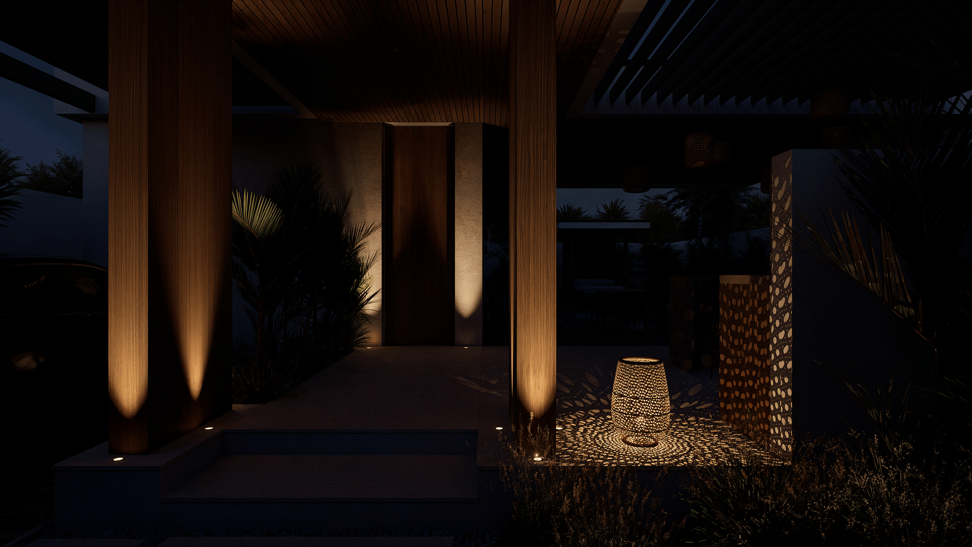 Outdoor nighttime scene of a modern porch with wooden columns lit by warm ground lights and a decorative lantern casting patterned shadows.