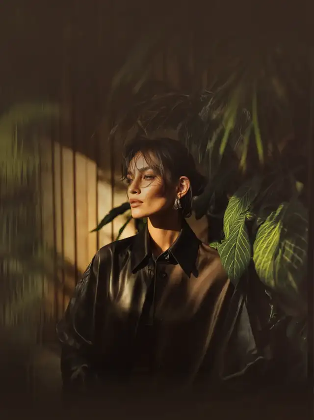 Mulher com blusa escura de couro olhando para o lado enquanto está ao lado de plantas verdes em um ambiente com iluminação suave.