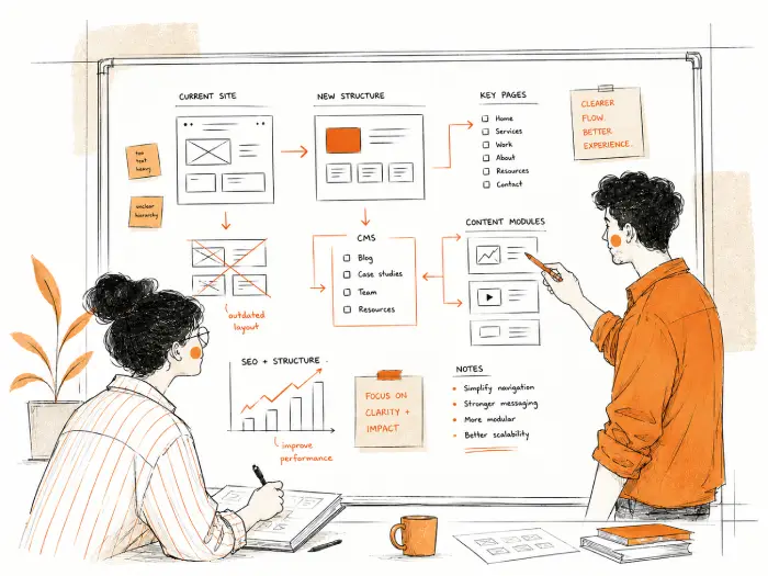 Two people discuss website design ideas with diagrams and notes on a whiteboard in an office.