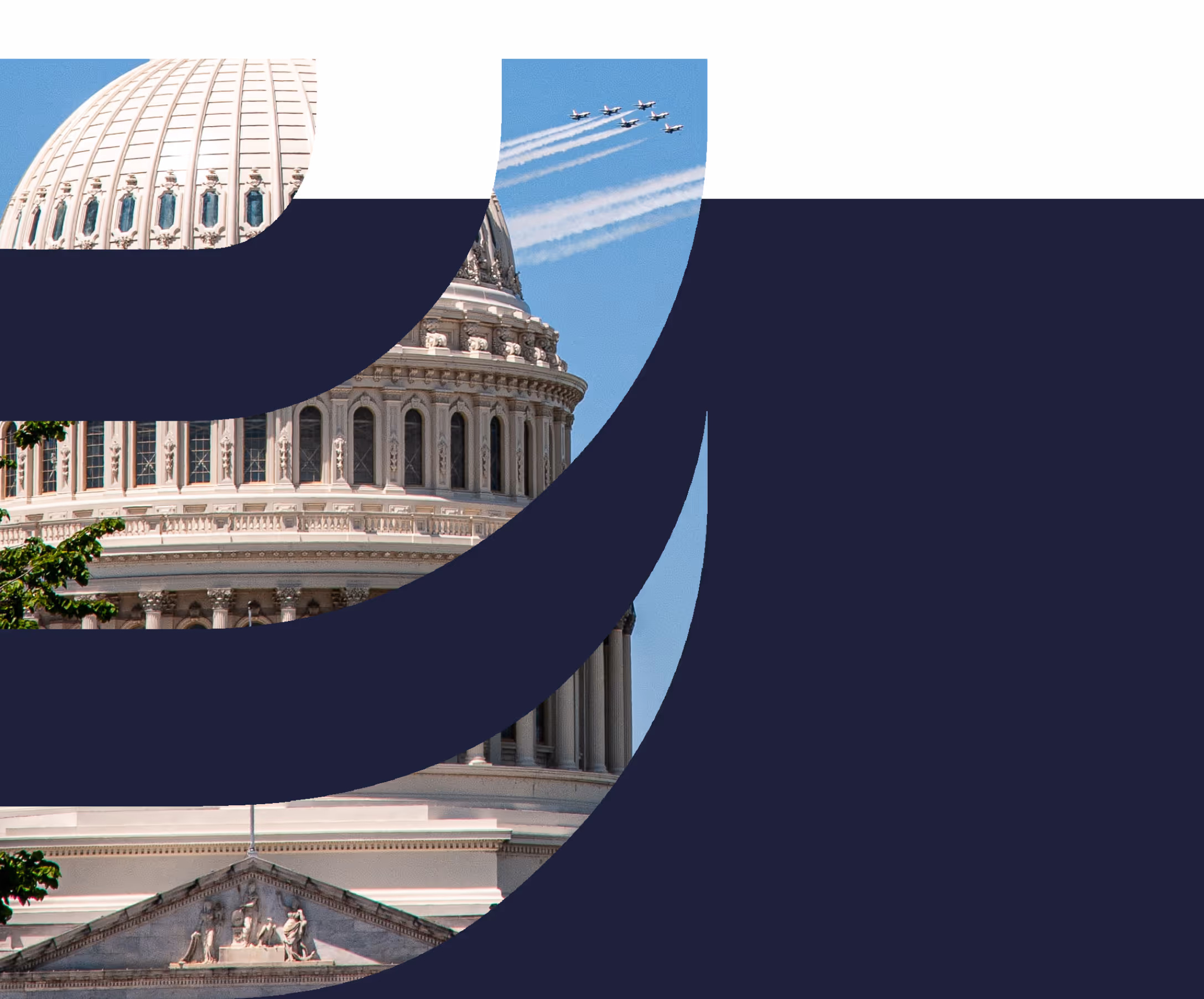 Partial view of the U.S. Capitol dome with jets flying in formation leaving white contrails in the sky.