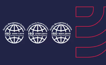 Icons displaying successful re-certifications for ISO 20000-1:2018, ISO 27001:2013, and ISO 9001:2015 standards.