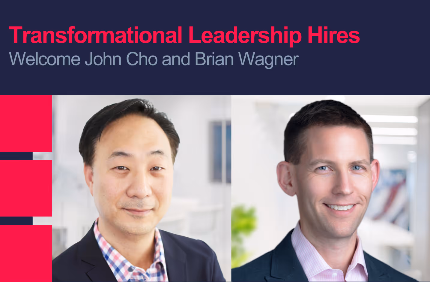 Portraits of John Cho and Brian Wagner, new hires, smiling in professional attire against an office background.
