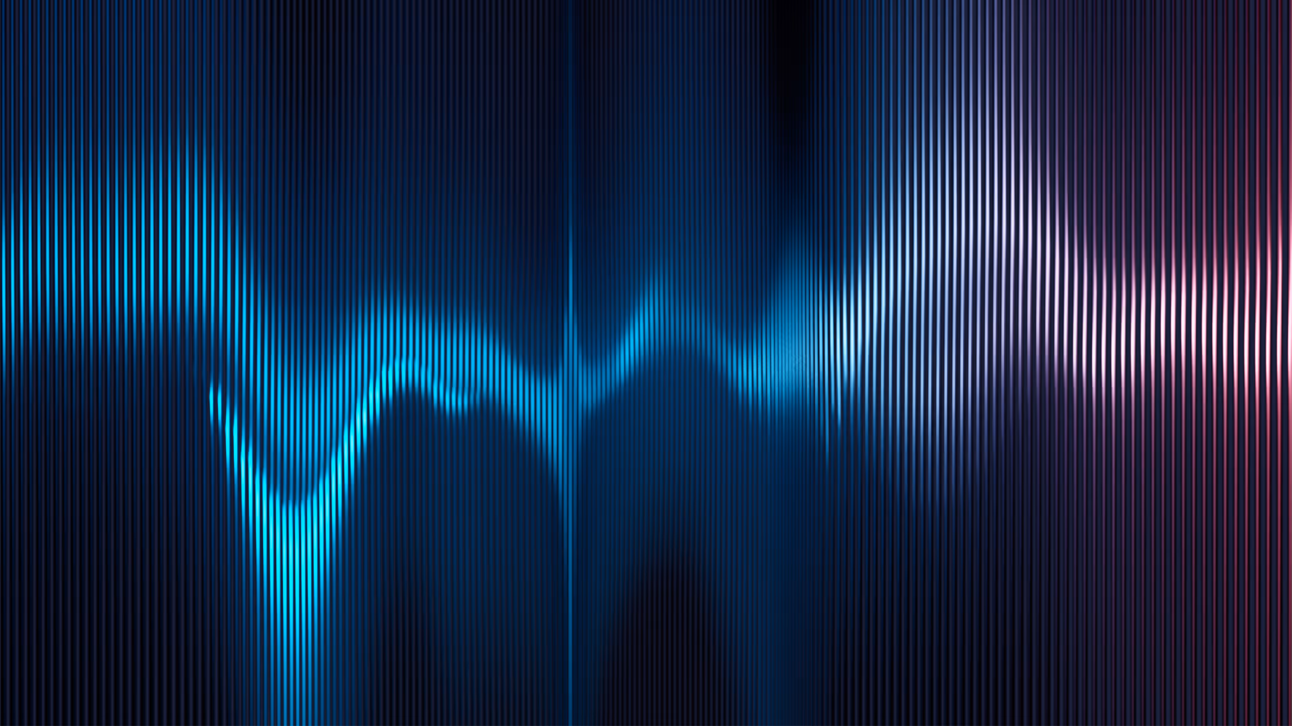 Abstract digital soundwave with blue and purple vertical lines on a dark background.