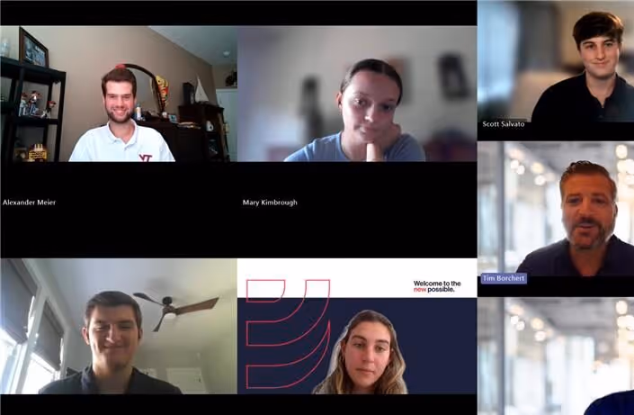 Virtual video call screen with six participants in individual frames, some with name labels and one frame showing a background with the text 'Welcome to the new possible.'