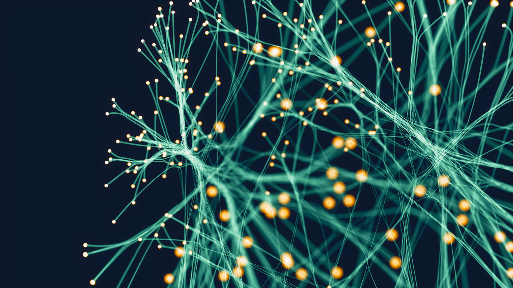 Abstract network of glowing turquoise lines interconnected with small orange nodes on a dark background.