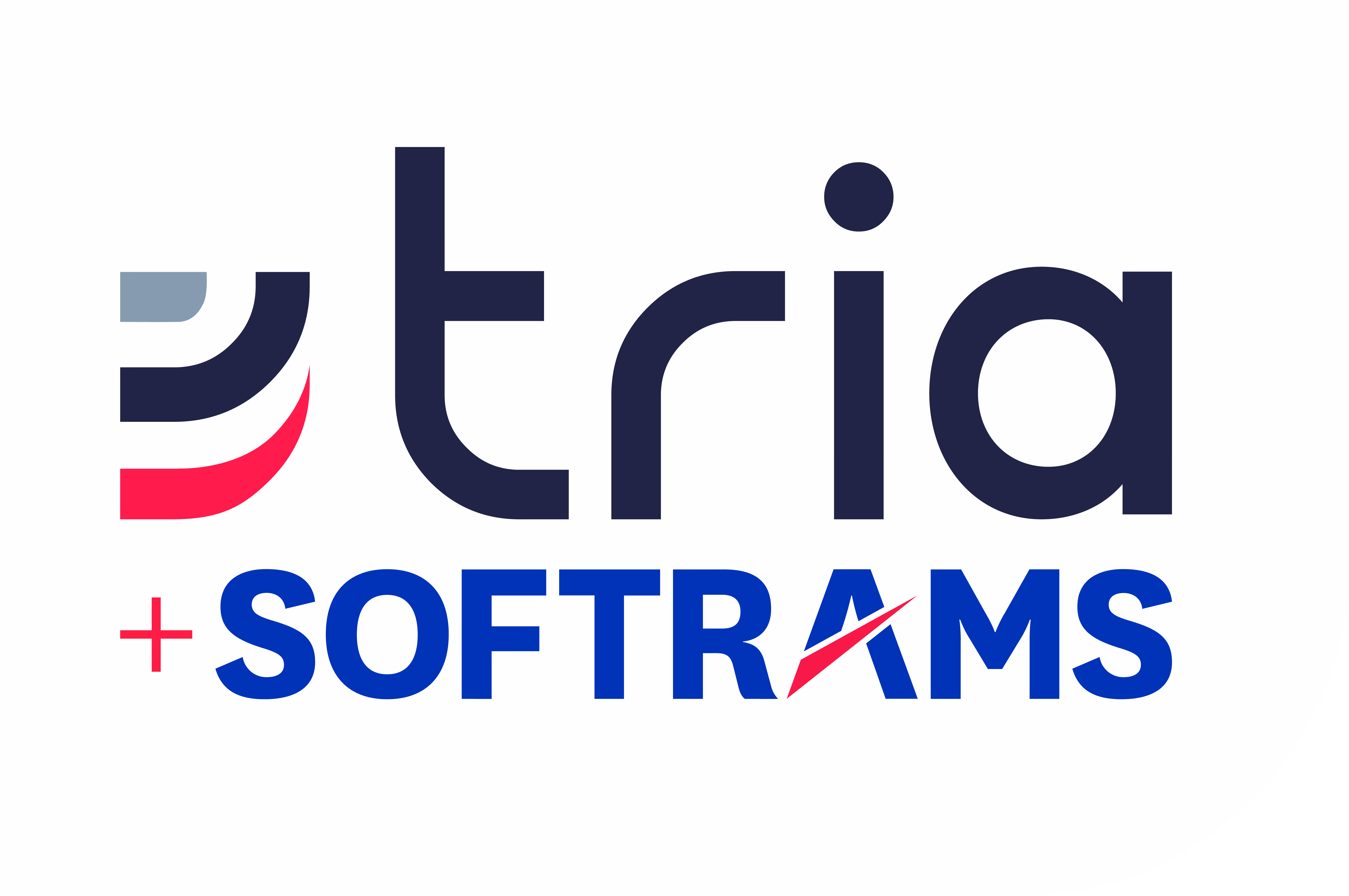 Tria and Softrams logos combined with a red plus sign between them, indicating an acquisition or partnership.