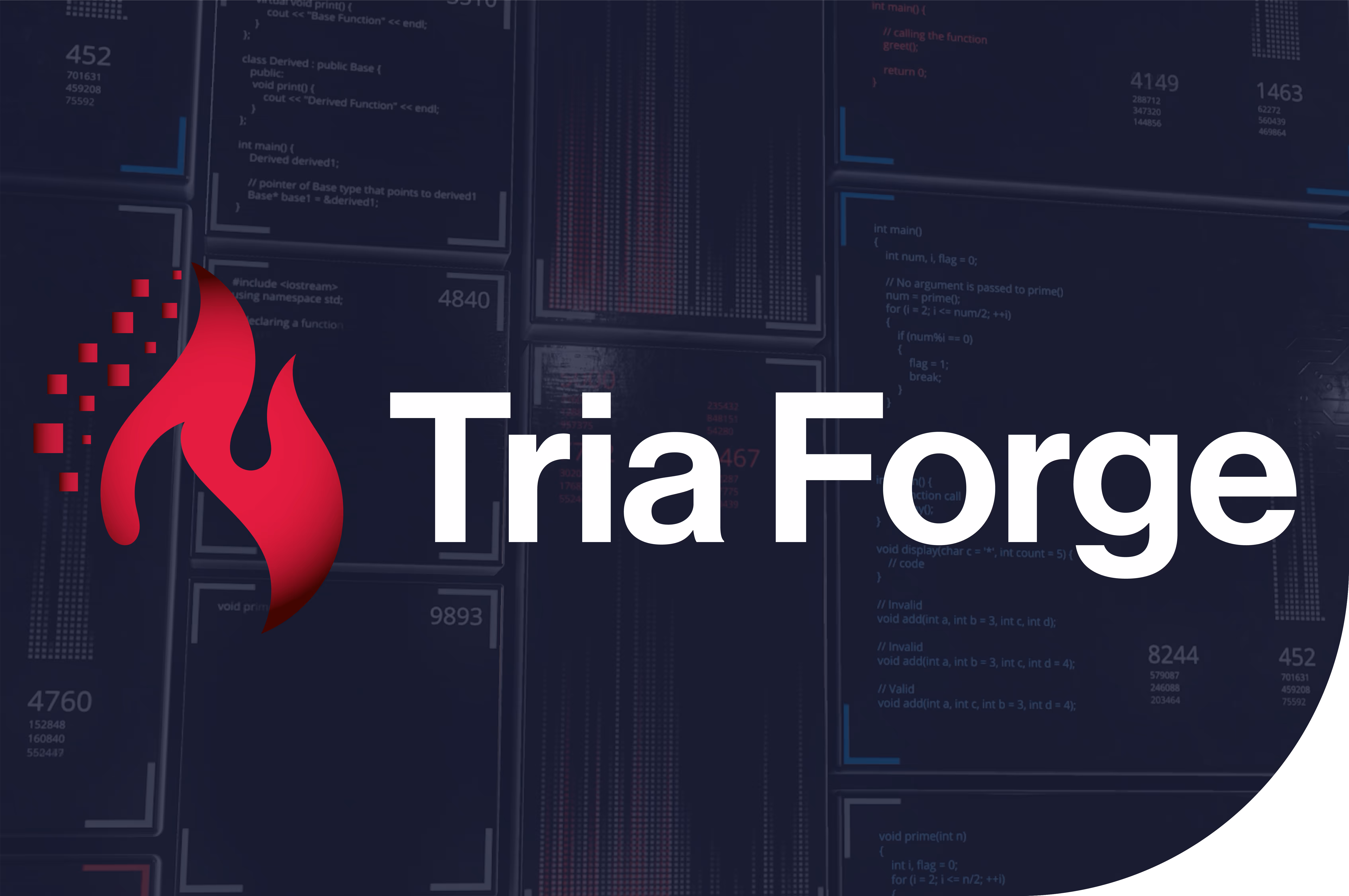 Tria Forge logo with red flame icon and white text over a dark code background.