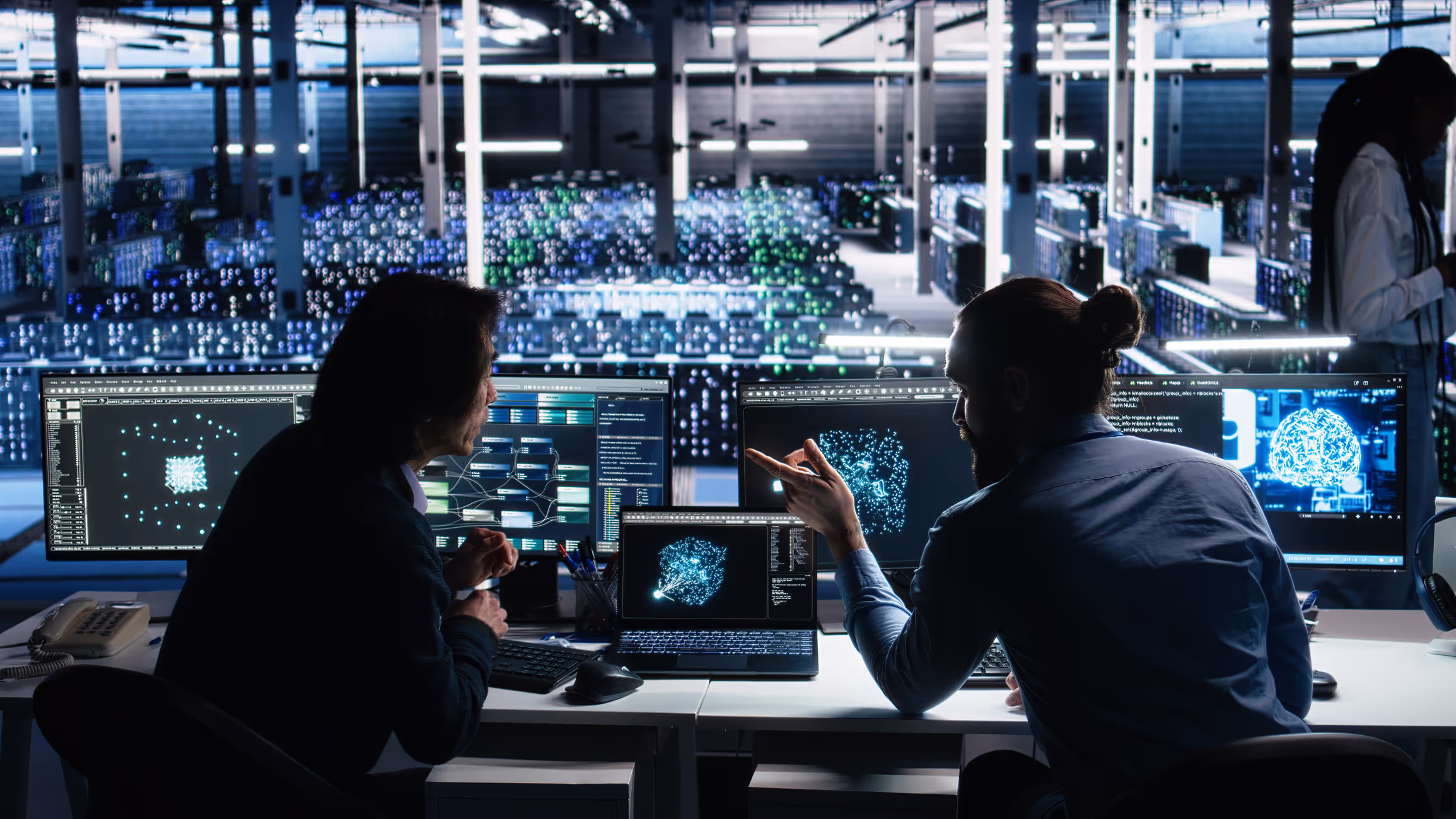 Two data scientists discussing complex neural network visualizations on multiple computer screens in a high-tech lab.