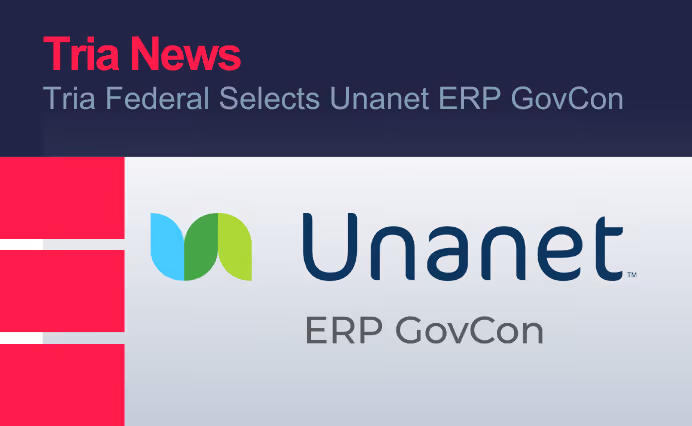 Tria News headline stating Tria Federal selects Unanet ERP GovCon with Unanet logo below.