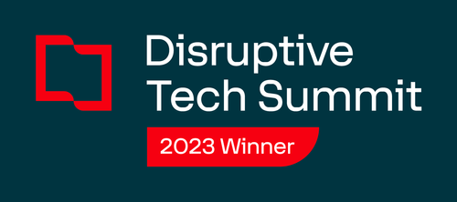 Disruptive Tech Summit 2023 Winner logo with red and white text on a dark blue background.