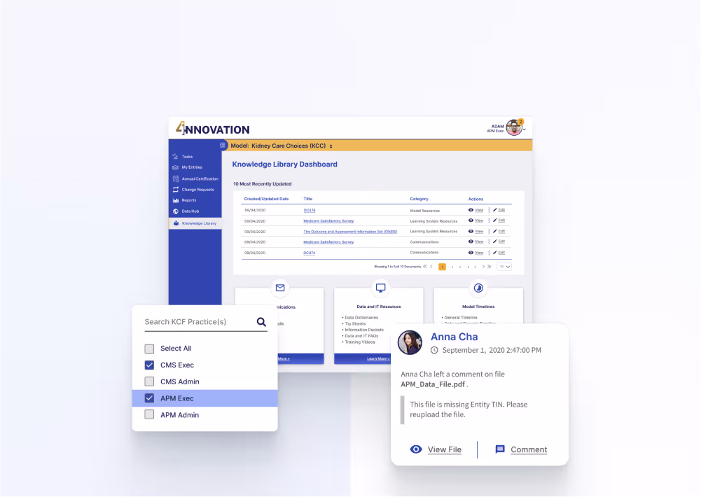 Dashboard screen of Kidney Care Choices Knowledge Library with sections for recent updates, search filters for KCF Practices, and a comment by Anna Cha about a missing Entity TIN in APM_Data_File.pdf.