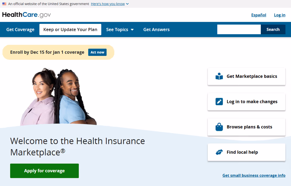 HealthCare.gov homepage showing two smiling people back to back with navigation options and a green button to apply for coverage.