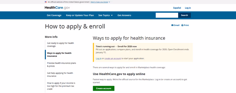 HealthCare.gov webpage showing 'How to apply & enroll' for health insurance with options to create an account and instructions for Marketplace application.