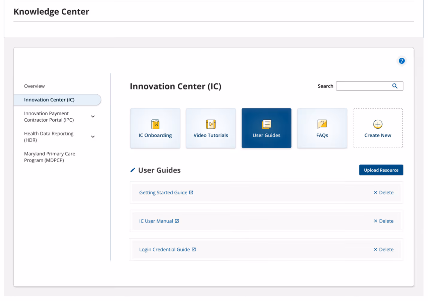 Knowledge Center interface showing Innovation Center section with tabs for IC Onboarding, Video Tutorials, User Guides, FAQs, and Create New, plus a list of user guides with options to delete.