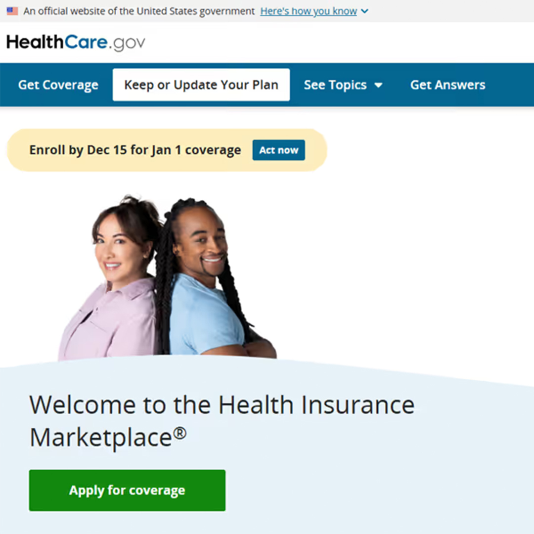 HealthCare.gov homepage showing two smiling people back to back with navigation options and a green button to apply for coverage.