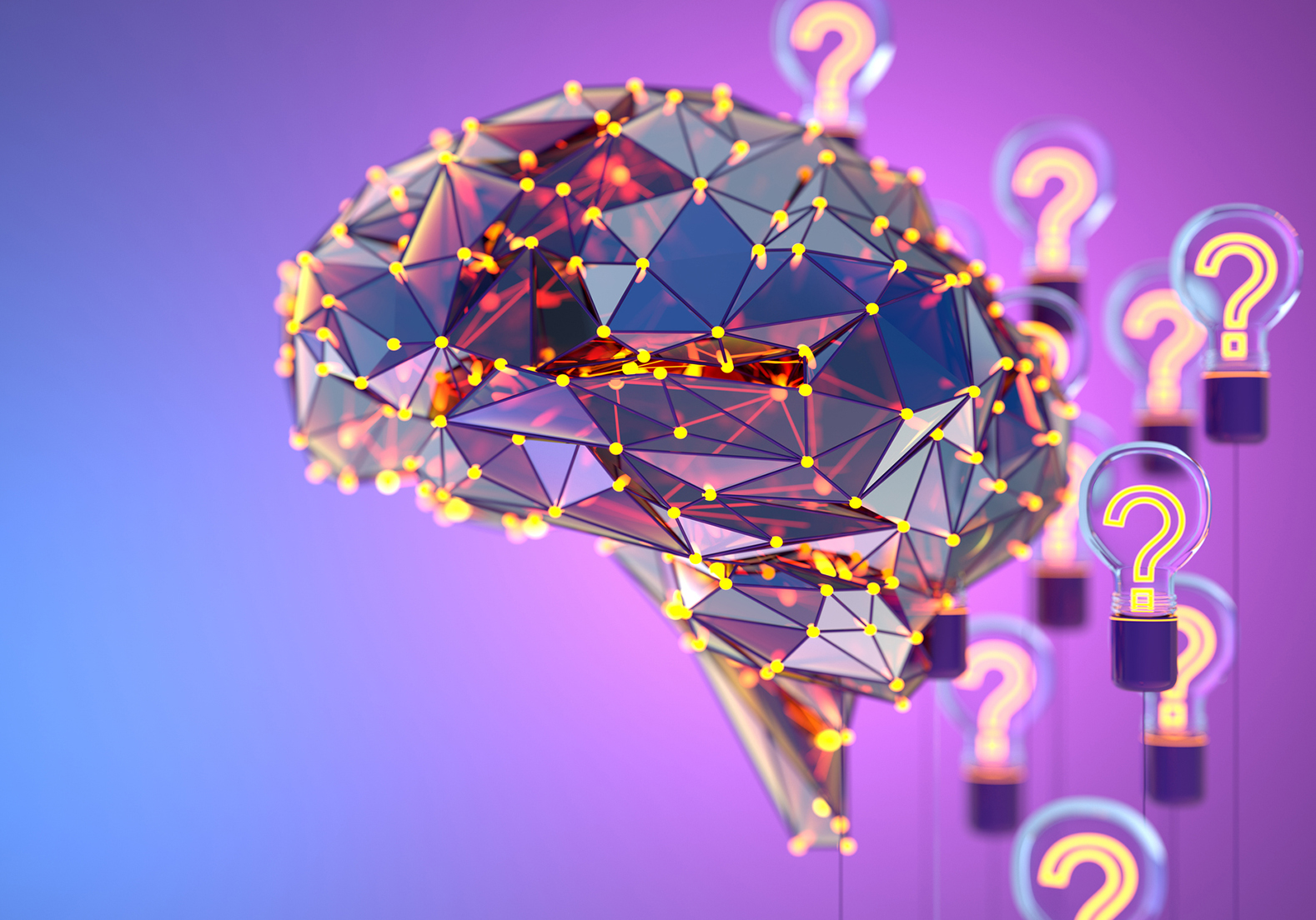 Digital network brain illustration with floating question mark light bulbs on a purple background.