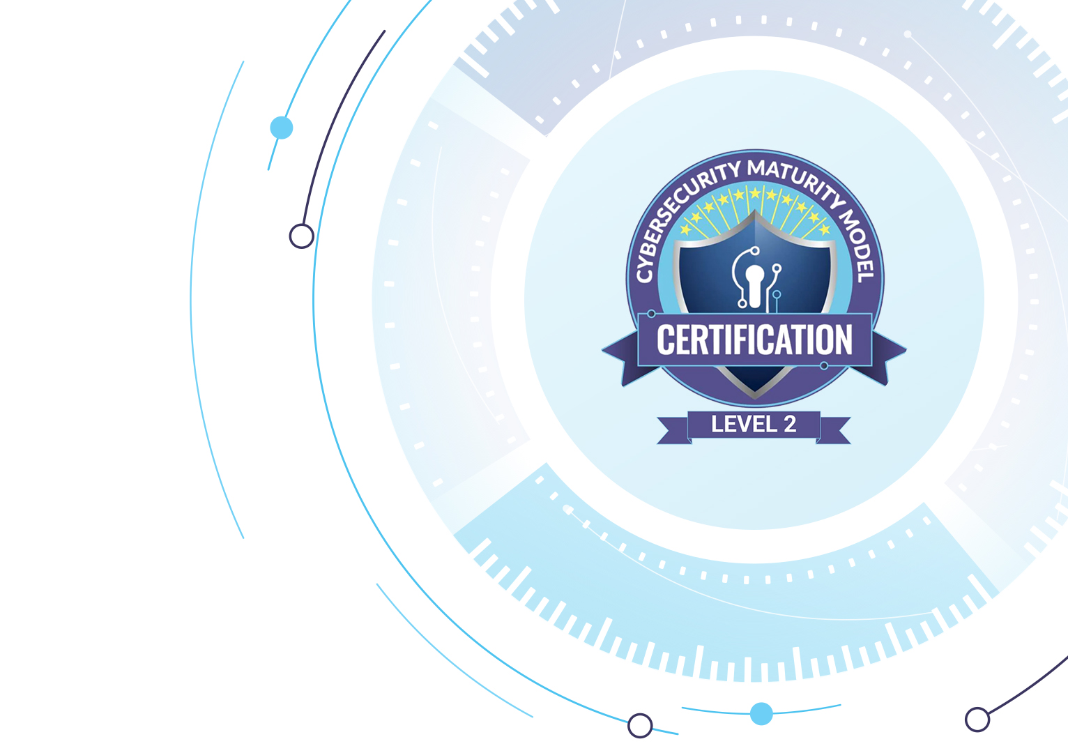 Blue and white circular emblem with the text 'Cybersecurity Maturity Model Certification Level 2' and a shield icon in the center surrounded by a tech-style radial design.